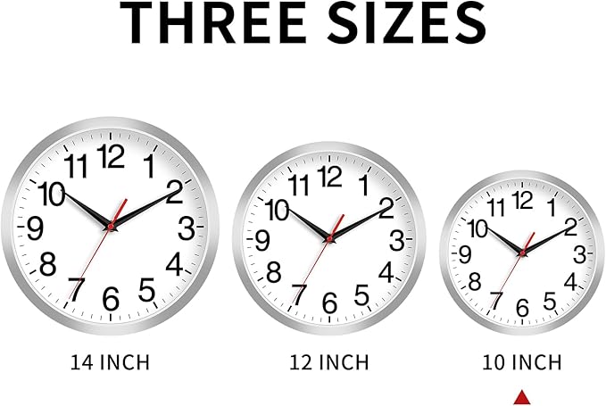 Rohioue Wall Clock Modern 10 Inch Battery Operated Silent Non Ticking Analog Clock Decorative for Bedroom Kitchen Bathroom Office Home Living Room (Silver)