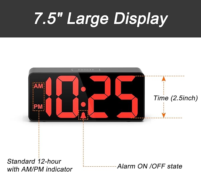 Welgo 7.5 Inches Oversized Digital Alarm Clock for Seniors & Visually Impaired, Simple Setup, 0-100% Dimmer, Adjustable Volume, USB Charging Port, Snooze, Outlet Powered for Bedroom