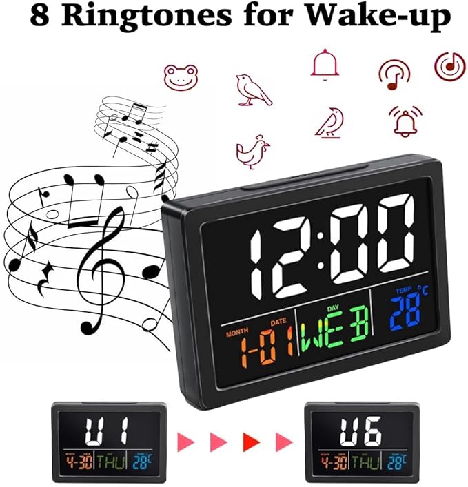 RQG Alarm Clock for Bedrooms, 5.5" Large LED Digital Alarm Clock, Desk Clock for Living Room with Temperature Calendar Snooze, Adjustable Volume, Gift for Heavy Sleepers Students Elderly