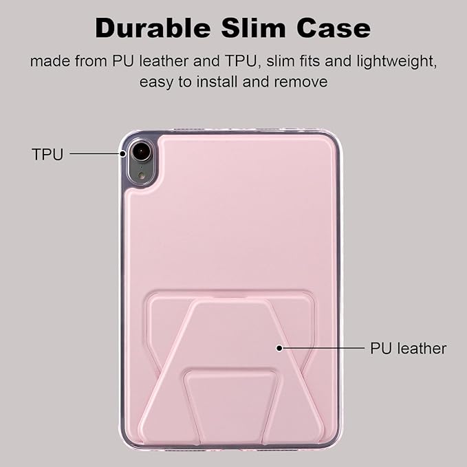 Dteck for iPad mini (A17 Pro), Mini 6 (6th Generation) 8.3" Slim Case with Kickstand/2 Screen Protector Films/Stylus, Ultra Thin Lightweight Solid Color PU Leather Protective Back Cover Shell, Pink