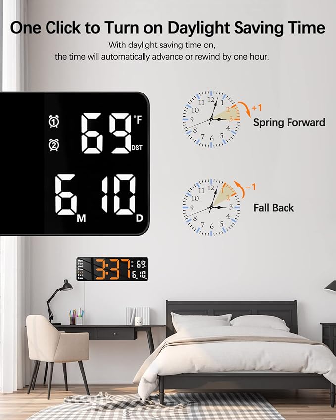 JoFomp Digital Wall Clock - 13" Large LED Display, Loud Alarm, Remote Control, DST, Auto-Dimming, Date and Day, Timer, Temperature - 12/24H Format - Ideal for Living Room, Bedroom, Kitchen