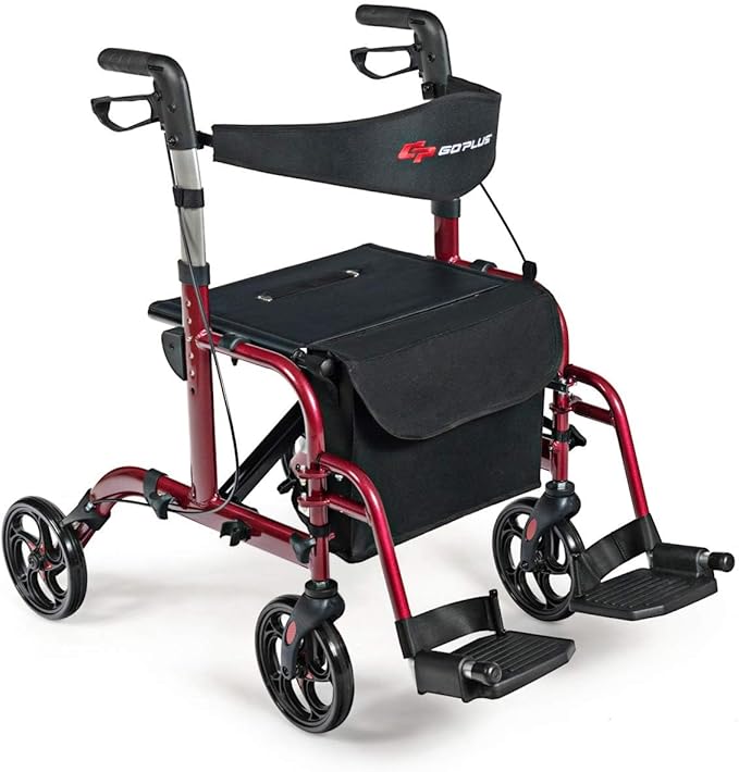 GOPLUS 2 in 1 Rollator Walkers for Seniors, Folding Rollator Walker with Seat, 8-inch Wheel Medical Drive Walker Wheelchair Combo with Backrest, Adjustable Handle for Adults, Aluminium Frame