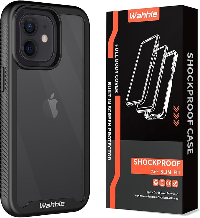 wahhle Compatible with iPhone 12/12 Pro Case, Built in Screen Protector Full Body Shockproof Slim Fit Bumper Protective Phone Cover 6.1'' Men Women-Black/Clear