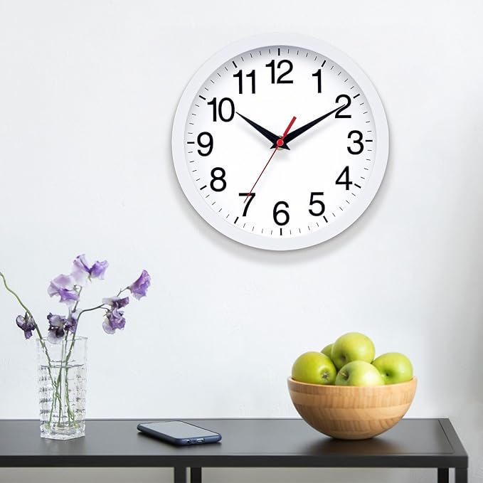 Rohioue Wall Clock Modern 10 Inch Battery Operated Silent Non Ticking Analog Clock Decorative for Bedroom Kitchen Bathroom Office Home (White)