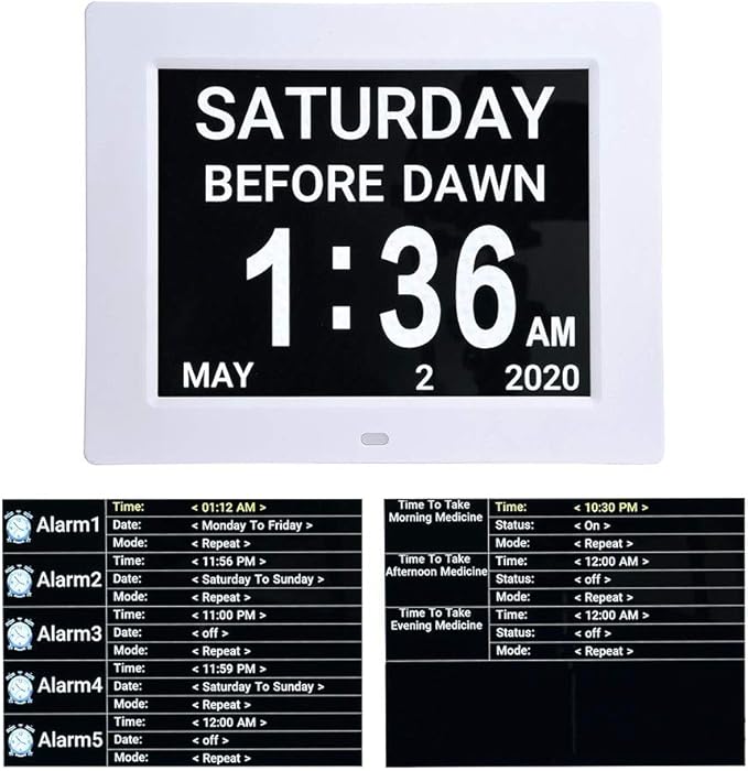 Yescom 8" Large Digital LCD Day Clock 8 Alarm Options Dimmable Calendar for Elderly Dementia Home Wall Table White