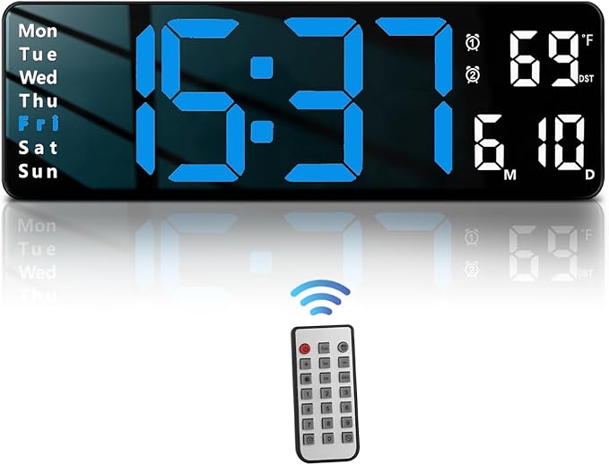 JoFomp Digital Wall Clock - 13" Large LED Display, Loud Alarm, Remote Control, DST, Auto-Dimming, Date and Day, Timer, Temperature - 12/24H Format - Ideal for Living Room, Bedroom, Kitchen