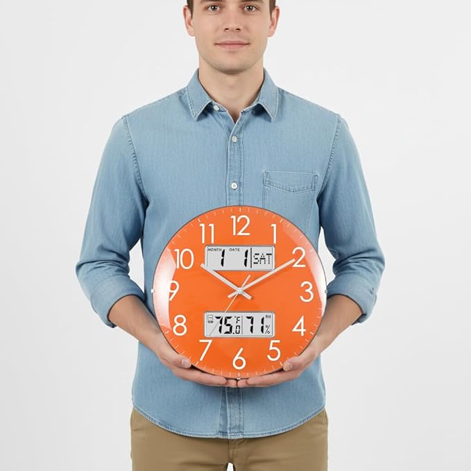 Nbdeal 13-Inch Analog Silent Wall Clock with Calendar Temperature & Humidity (Orange)