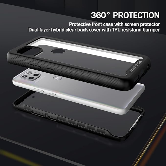 wahhle Compatible with Motorola One 5G Ace Phone Case, Built in Screen Protector Full Body Shockproof Slim Fit Bumper Protective Phone Cover for 1 5G Ace Men Women-Black/Clear