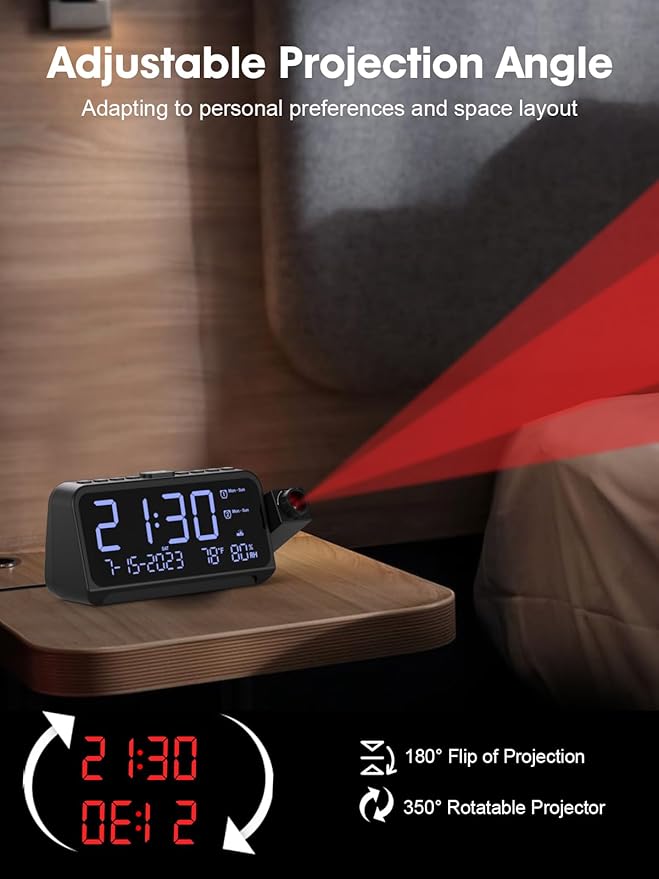 ROCAM Projection Alarm Clock, Digital Clock with 180° Projector on Ceiling Wall, Dual Loud Alarm Clocks for bedrooms with Weekday/Weekend Mode,2 USB Ports, Dimmer, Temp, Humidity, Night Light, Snooze