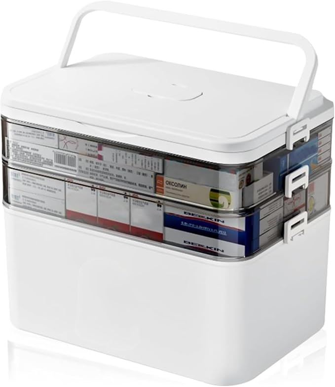 3-Tier Medicine Organizer & Portable Medicine Cabinet - Multifunctional Medical Case with Handle & Snap Locks, Removable 6-Compartment Pill Organizer, Storage Box for Home & Travel, with Glow Sticker