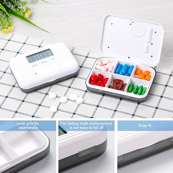 Dispenser with Alarm Electronic Organizer with LCD Display 6 Compartments Reminder Outdoor Portable Mini Box with Alarm (Gray)