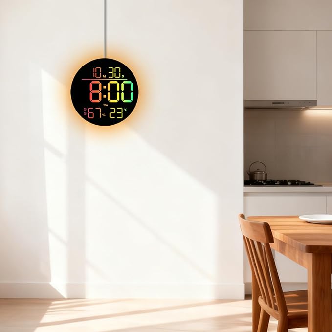 10-Inch RGB LED Digital Wall Clock with Temperature, Humidity, and Date Display｜Dual Alarms, Countdown Timer, 11 Backlight Colors, Auto Brightness, Silent Operation｜Modern Decor for Home&Office