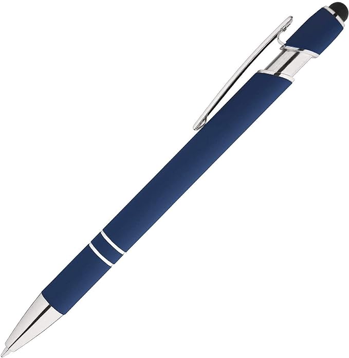 Express Pencils Rainbow Rubberized Soft Touch Ballpoint Pen with Stylus Tip is a stylish, premium metal pen, black ink, medium point. Box of 7 (DARK BLUE)
