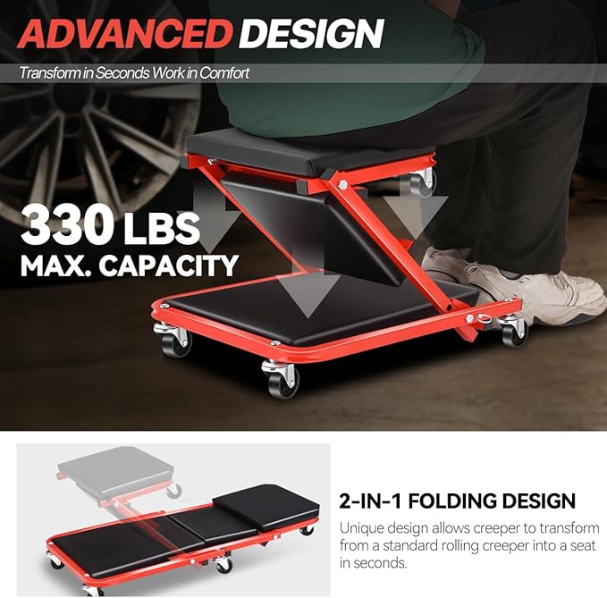 Foldable Rolling 2-in-1 Z Creeper & Seat, 36" Low-Profile Roller Mechanics Under Car Chair, 330 LBS Weight Capacity with 6 Swivel Casters