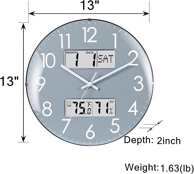 Nbdeal 13-Inch Analog Silent Wall Clock with Calendar Temperature & Humidity (Grey)