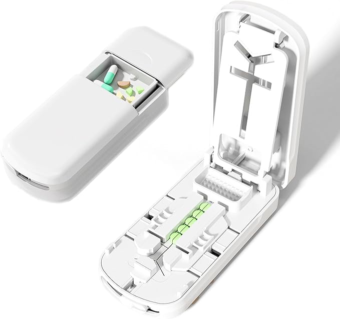 Portable Dual-Blade Pill Cutter and Crusher with Silicone Grip and Safety Lock