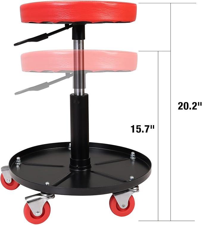 TCE Duty Rolling Pneumatic Creeper Garage/Shop Seat: Padded Adjustable Mechanic Stool with Tool Tray Storage, Red,ATRHL6201U