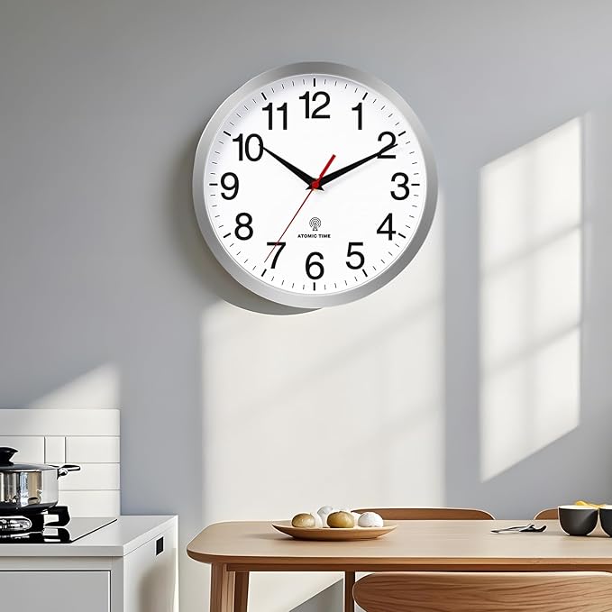 Rohioue Atomic Wall Clock Modern 14 Inch Battery Operated Analog Clock Decorative for Bedroom Kitchen Bathroom Office Home Living Room (Silver)