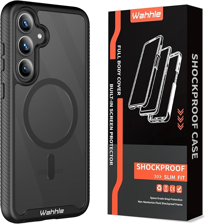 wahhle Compatible with Samsung Galaxy S25 Case, Magnetic Wireless Charging Built in Screen Protector Full Body Shockproof Slim Fit Bumper Protective Phone Cover for S25 -Black/Clear
