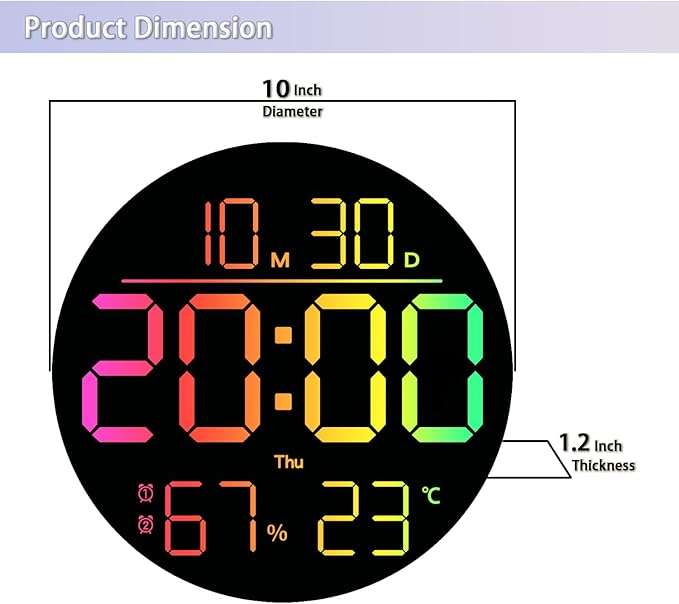 JENLYSTIME 10 Inch LED Digital Wall Clock with RGB Backlight and Countdown Timer｜11 Colors, Dual Alarm, Adjustable Brightness, Temperature & Humidity Display, Modern Silent Clock for Home, Office