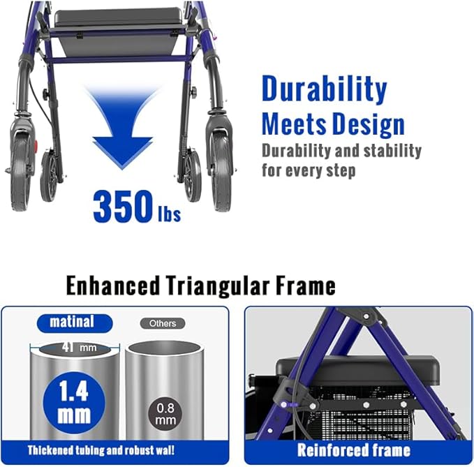 Foldable Rollator Walkers with Seat for Seniors, Lightweight Rollator Walker with 8" Big Wheels, Height Adjustable Ergonomic Rolling Walker Seat, Aluminum and Carbon Steel (Blue)