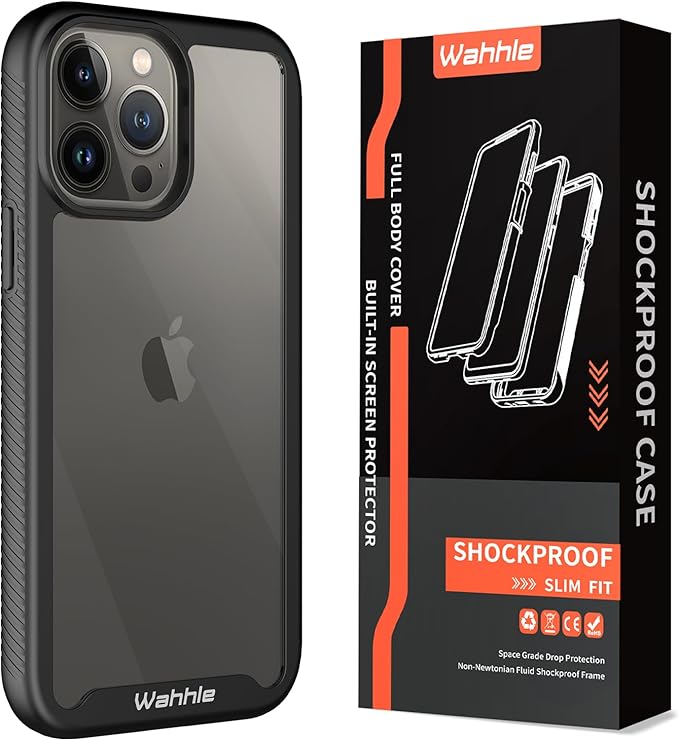 wahhle Compatible with iPhone 13 Pro Max Case, Built in Screen Protector Full Body Shockproof Slim Fit Bumper Protective Phone Cover 6.7'' Men Women-Black/Clear