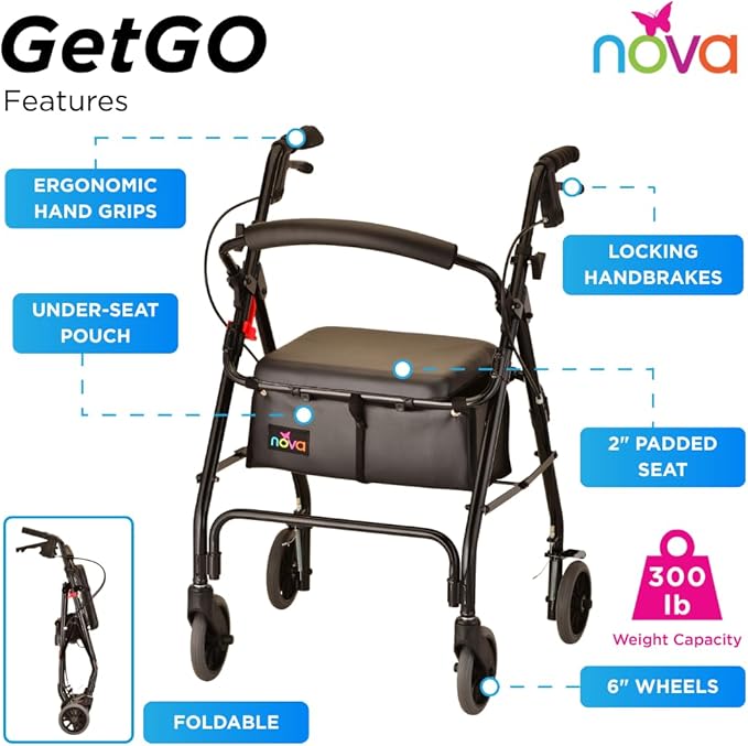 NOVA GetGo Classic Rollator Walker for Seniors, Lightweight Folding Rolling Walker with Wheels, Lock N Load for Easy Transport & Storage, Adjustable Height 5'4"–6'1", Black