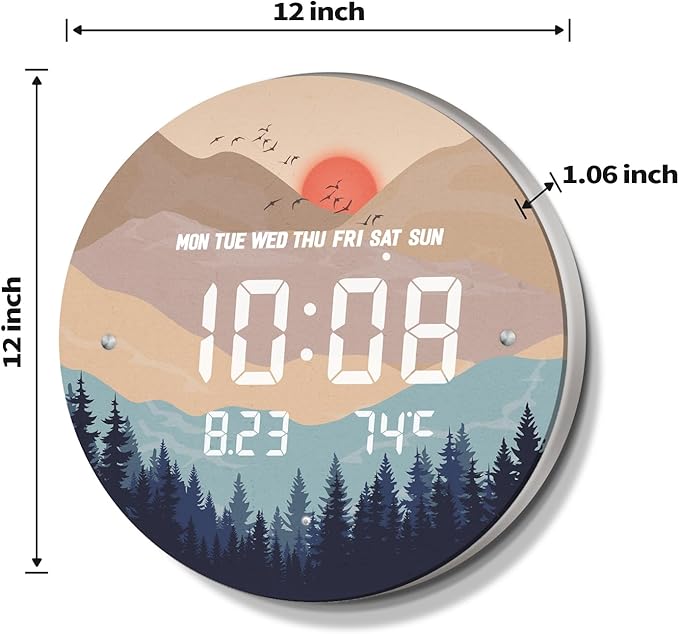 12'' Smart LED Wall Clock, Sunset Wilderness Art, Radar & Voice Activated, Auto Dimming, Large Display with Temp Date Day, 12/24H, Rechargeable for Living Room Bedroom Office Decor