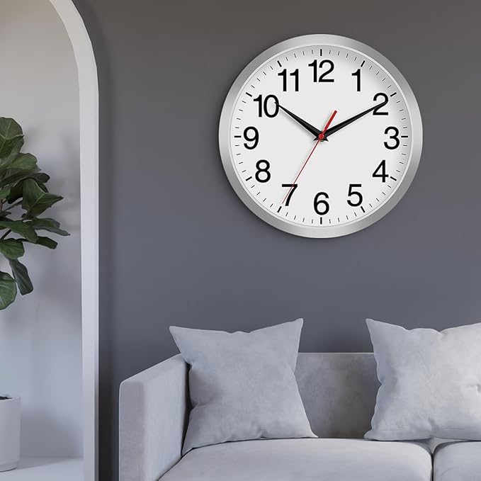 Rohioue 12 Inch Wall Clock Modern Battery Operated Silent Non Ticking Analog Clock Decorative for Bedroom Kitchen Bathroom Office Home Living Room (Silver)