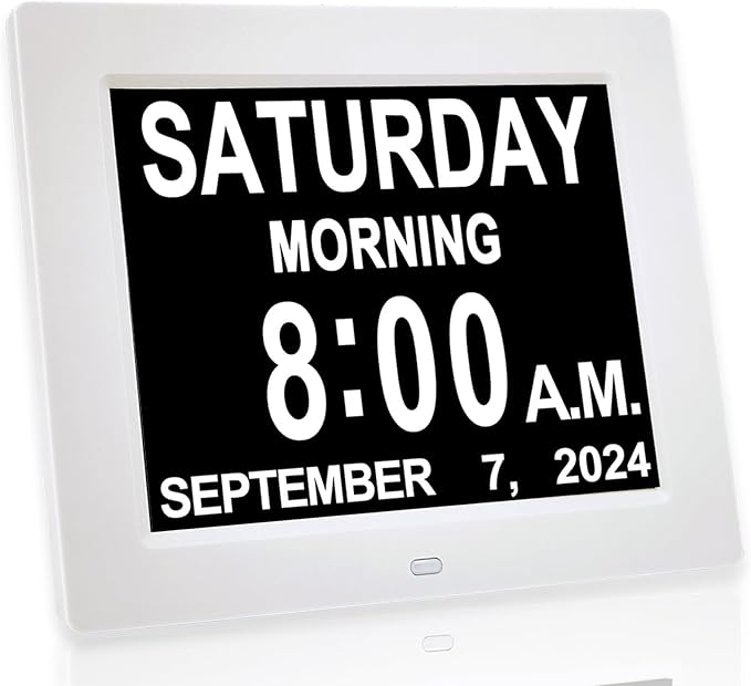 2026 Digital Calendar Alarm Day Clock with 8" Large Screen Display, AM PM, Multiple Alarms, for Impaired Vision People, the Aged Seniors, the Dementia, for Desk, Wall Mounted, White