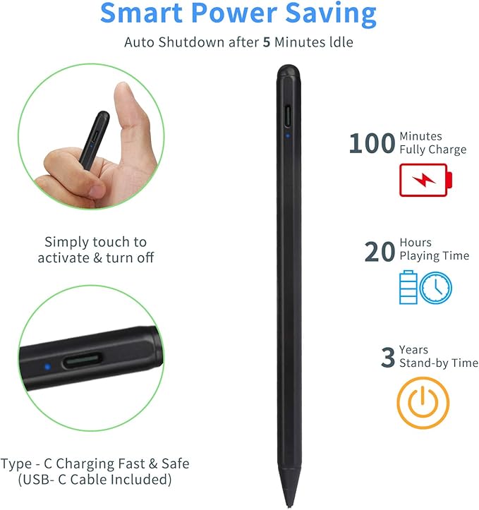iPhone 15/14/13/12 Pro Max Stylus Pencil,Active Digital Pen Type C Recharge with 1.5mm Ultra Fine Tip Stylus Pens for iPhone 15/14/13/12 Pro Max Drawing/Notes,Black