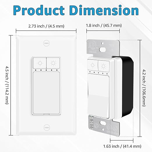 3 Pack Single Pole Dimmer Light Switch, Neutral Wire Required, Work with LED/CFL (150W Max) & Halogen/Incandescent (600W Max), 5 Brightness Levels, ETL/FCC Certified