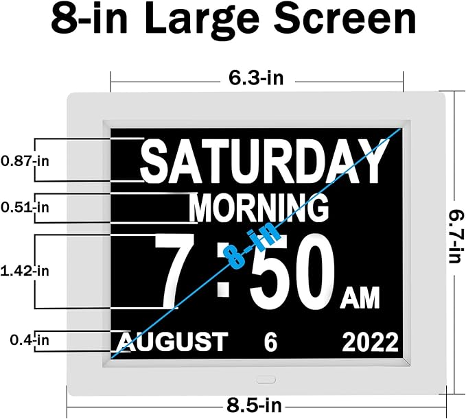 Medication Reminder Digital Calendar Dementia Day Date Time of The Week Clock for Seniors Elderly Impaired Vision Memory Loss Clock