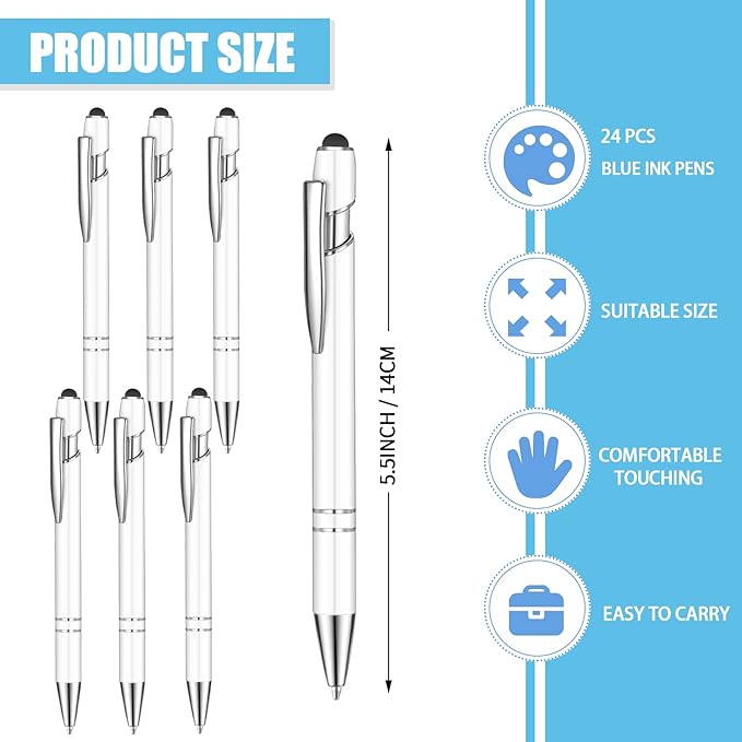 24 Pcs Blue Ink Ballpoint Pen with Stylus Tip 2 in 1 Ballpoint Pen 1.0 mm Blue Ink Metal Stylus Pen for Touch Screens Coworkers, Family, Colleagues, Office (White)