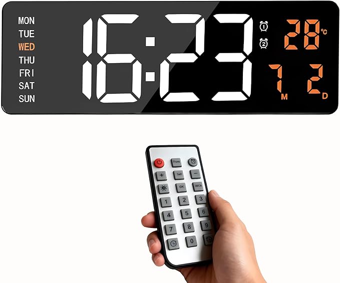 16" Large Digital Wall Clock, Count Down Timer with Remote, Alarm, Big LED Auto Dimming Wall Clock, Temperature Suitable for Living Room, Warehouse, Shop, Gym