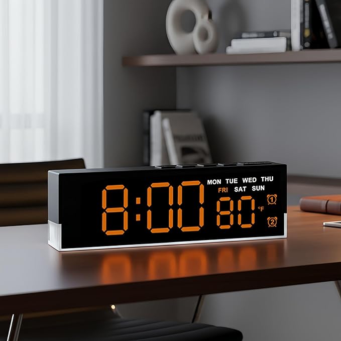 45MinST 7-Inch LED Digital Alarm Clock with Bottom Glow Light｜Displays Time, Date, Day, Temperature｜Dual Alarms, DST, Auto/Manual 3-Level Brightness, Battery or USB Powered Desk Clock,Orange
