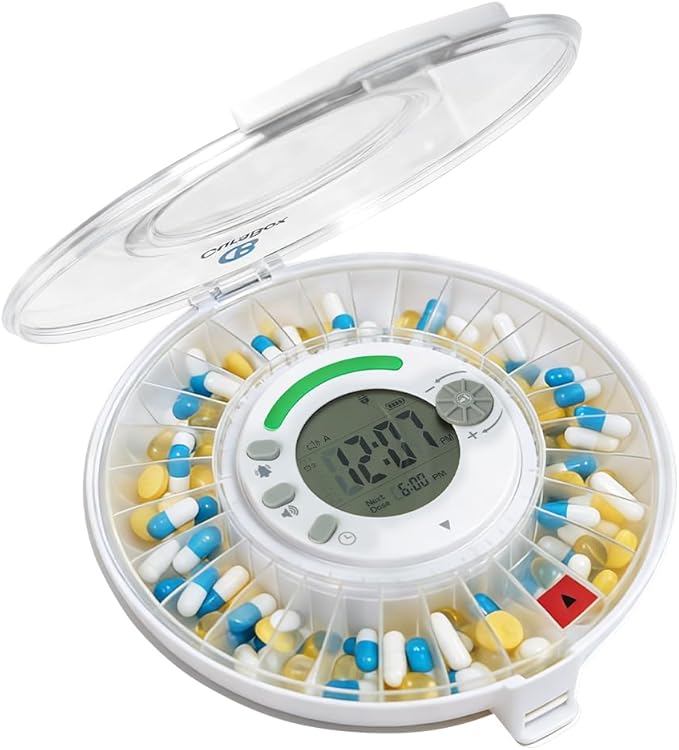 28-Day Automatic Pill Dispenser with Alarm & Light Alerts, Clear LCD Display, Key Lock, Smart Medication Organizer for Seniors, Alzheimer’s Care, for Multiple Vitamins, Supplements or Prescriptions