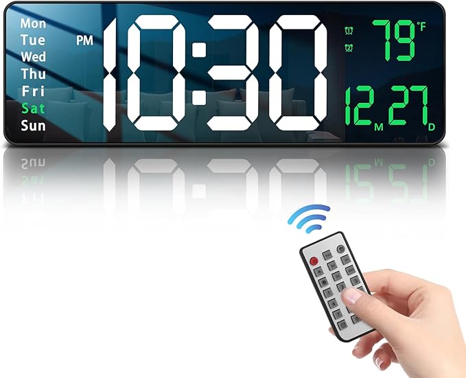 JoFomp Modern 16" Large Digital Wall Clock with Remote Control, LED Display, Auto-Dimming, Countdown, Temperature, Calendar - 12/24Hr Format - Silent Wall Clock for Home, Office, or Gym Use (Green)
