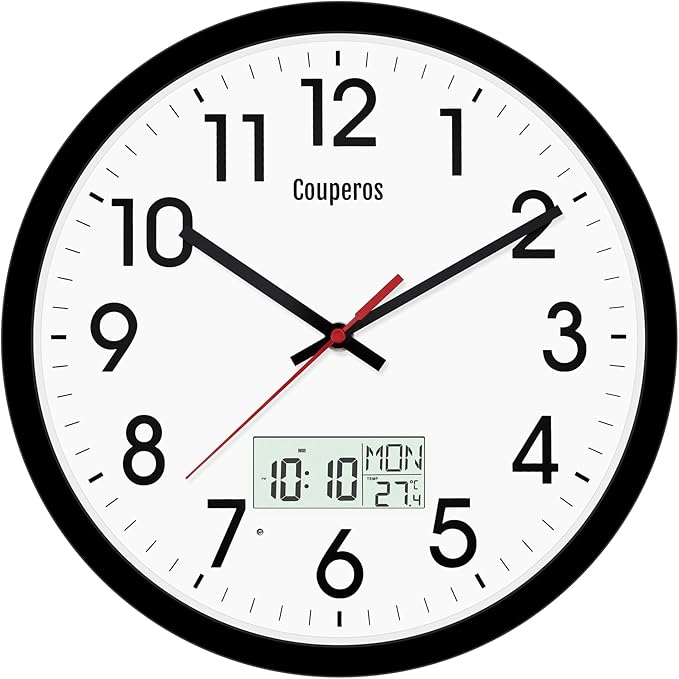12 Inch Digital Wall Clock with Lighted LCD Display Temp, Week, Switchable Time and Perpetual Calendar, DST Function, Silent Battery Operated Analog Black Clock for Bedroom Office Classroom