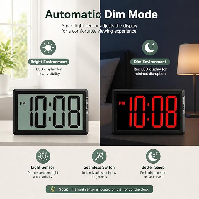 KWANWA Digital Alarm Clock, 3.8-inch Extra Large LED/LCD Digits, Battery or USB Powered, Auto Light Sensor for Day/Night, Wall Clock & Desktop Stand for Seniors, Bedroom, Office, Living Room