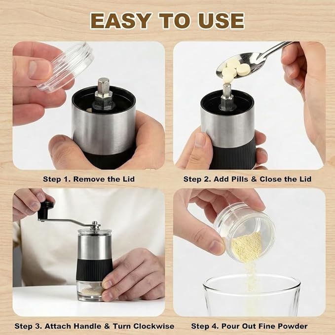 Small Portable Pill Crusher Grinder with Ergonomic Crank Handle,Grinds Pills to Fine Powder for Elderly,Crushes Multiple Small & Large Tablets & Vitamins,for Pets,Feeding Tube,Kids,Home & Travel Use