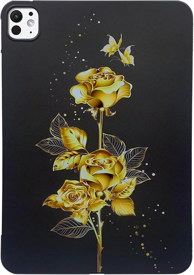 Dteck for iPad Pro 13 Inch (M4/M5) Ultra Thin Case 2024/2025 Release, Cute Cartoon Lightweight Soft Silicone TPU Slim Tablet Cover, Protective Shockproof Scratch Resistant Shell, Gold Rose Flower