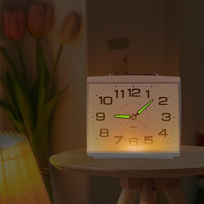 DTKID Large Alarm Clock for Bedside, Silent Non-Ticking Analog Clock with Night Light, Battery Powered, Gradually Increasing Alarm for Heavy Sleepers, Seniors