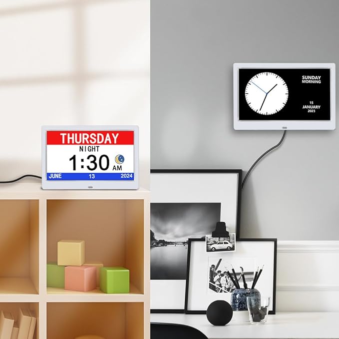 AINFTIME DST Digital Clock with Date and Day of Week for Elderly-12 Alarms Medication Reminder Dementia Alzheimers Clock Calendar with Extra Large Display (10.1 inch White)