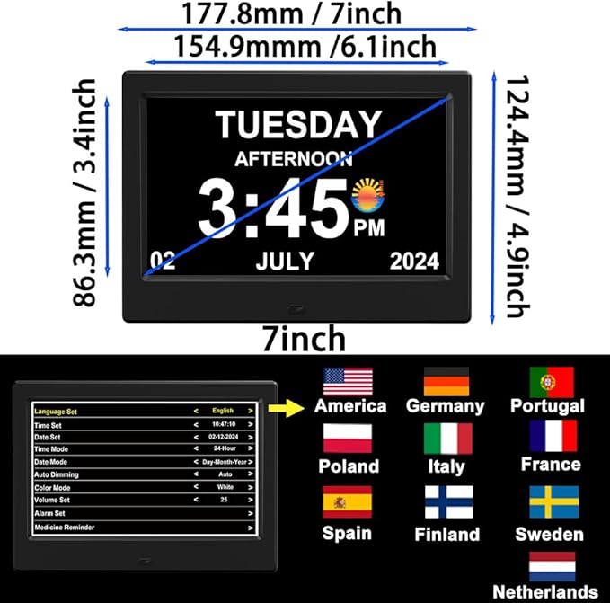 (No Power Adapter Alarm Clock with Day and Date for Elderly 7inch Digital Calendar Clock Photo Frame- Auto Dimmable Display 15 Alarm Options, Clock with Non-Abbreviated Day & Month
