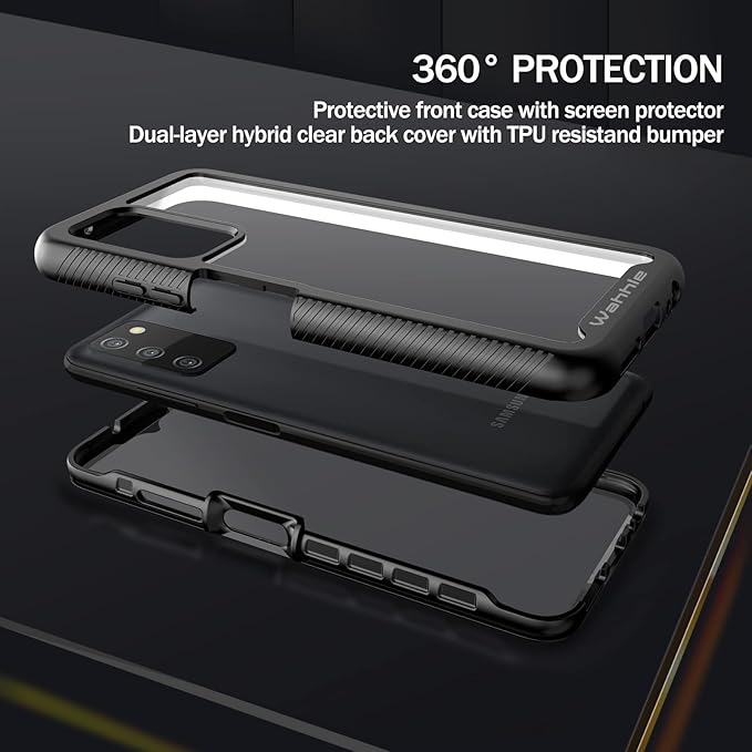 wahhle Compatible with Samsung Galaxy A03S Case, Built in Screen Protector Full Body Shockproof Slim Fit Bumper Protective Phone Cover for Samsung A03S 6.5 Inch Men Women-Black/Clear