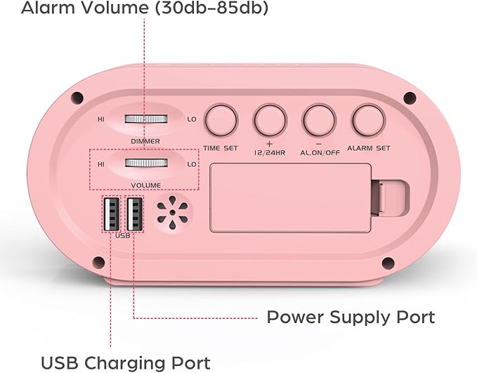 REACHER Pink Girls Alarm Clock, Dimmable Colorful LED Digital Display, USB Phone Charger Port, Simple Operation for Kids, Adults, Adjustable Volume, Snooze, Small Size for Bedrooms, Bedside, Desk