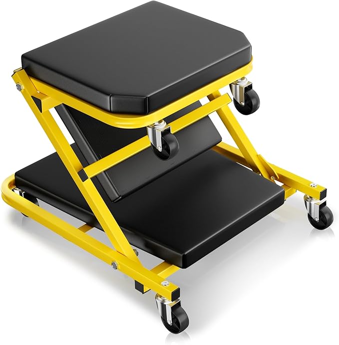 Auto Dynasty 36" Z-Creeper Seat, 2-in-1 Foldable Garage Creeper Shop Seat, 330 LBS Capacity Automotive Mechanic Repair Under Car Rolling Creeper Seat, Yellow
