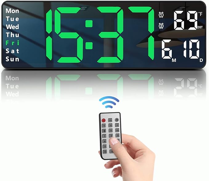 JoFomp Digital Wall Clock - 13" Large LED Display, Loud Alarm, Remote Control, DST, Auto-Dimming, Date and Day, Timer, Temperature - 12/24H Format - Ideal for Living Room, Bedroom, Kitchen