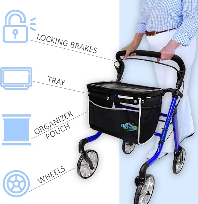 HEALTHLINE Rollator Walker Euro Style - Lightweight 4 Wheel Eldery Walker - Rollator Walkers for Seniors with Basket & Tray - Narrow Doors Indoor Rollator Blue Color